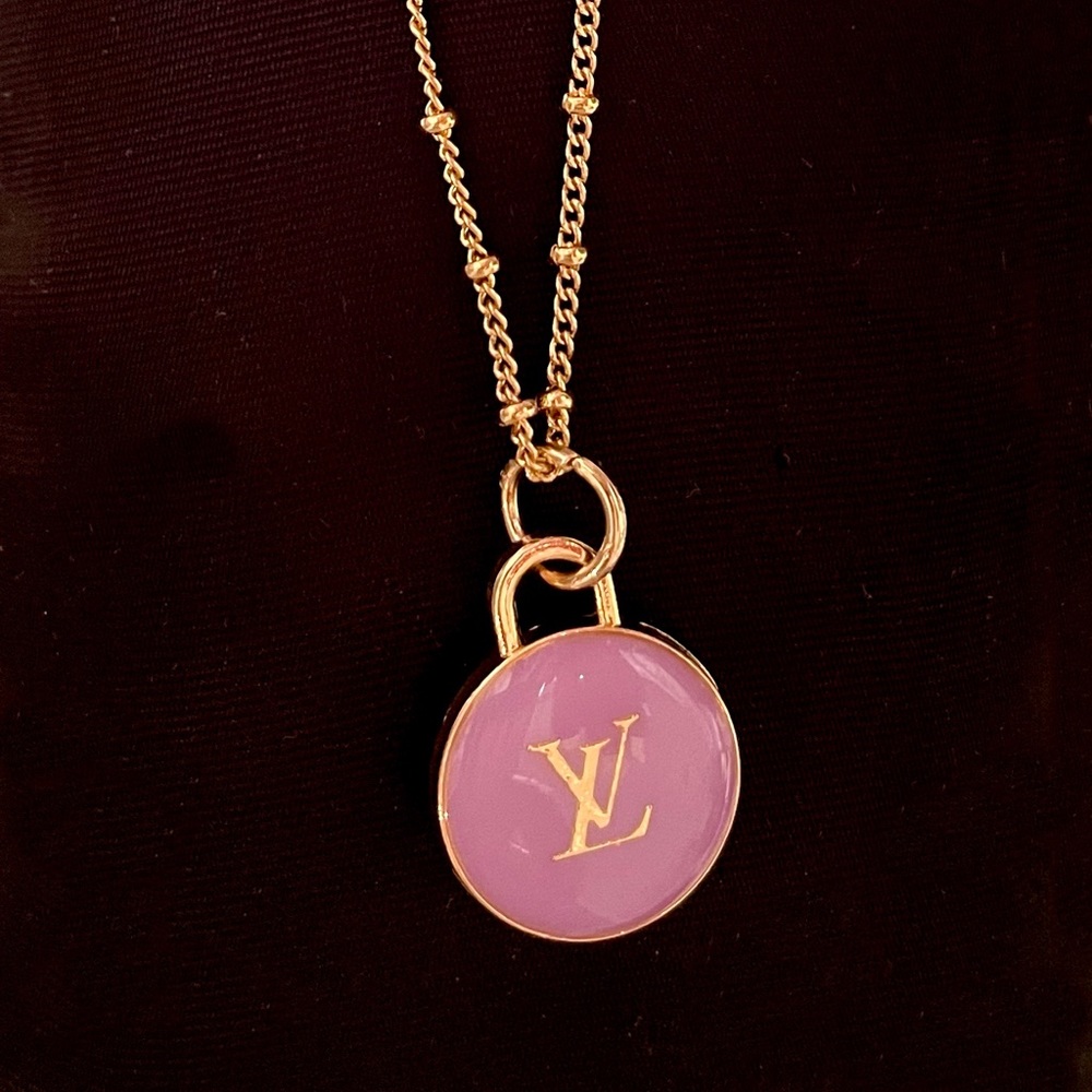 Gold Tone Purple / Lilac LV Charm Necklace